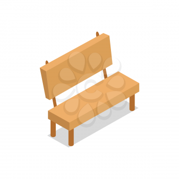 Wooden bench in isometric design vector illustration with shadow isolated on white background. 3D place for seat in park or garden