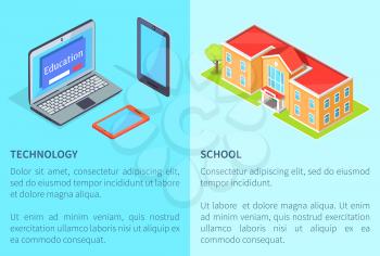 Modern computer technology equipment set with smartphone, digital tablet, headphones 3D and school building vector illustrations with text