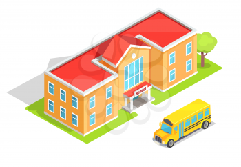 School light orange two-storey educational institution with green tree and yellow public bus nearby vector illustration isolated on white background