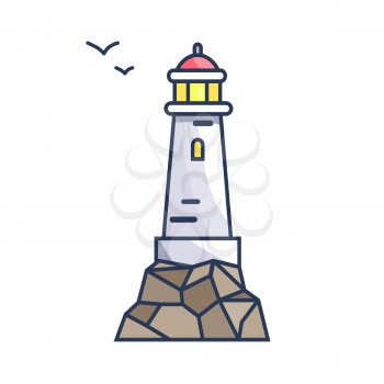 Tall beacon with light on rock and small birds that fly by. Special construction on water surface to make signals for ships vector illustration.