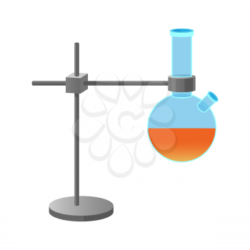 Metal retort stand with clamp holding round-bottomed glass laboratory flask with orange liquid inside isolated vector illustration on white