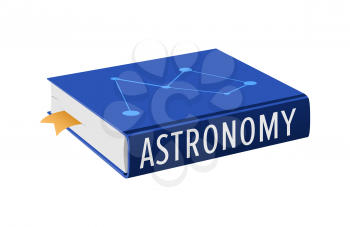 Book on astronomy with bookmark vector illustration isolated on white. Closed textbook about space, , planets and satellites with constellation on hardcover