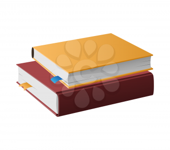 Two books in hard covers lying one on another vector illustrations isolated on white. Textbooks with textile bookmarks, dictionaries and encyclopedias