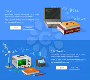 Coding and electronics courses info page with open laptop and connected with wires equipment for experiments with electricity vector illustrations