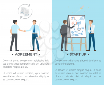 Agreement and startup set of posters with text. Vector illustration of businessmen shaking hands and male dressed in grey suit presenting new projec