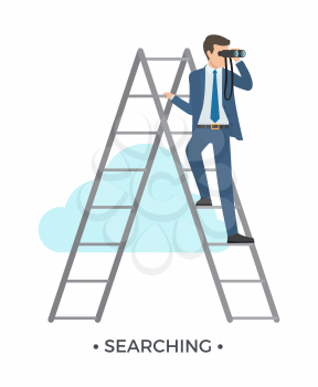 Searching man dressed in formal suit standing on ladder and looking at something through binocular vector illustration isolated on white