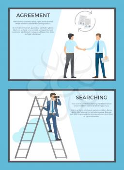 Agreement and searching set of posters. Vector illustration of businessmen striking deal along with adult male standing on ladder with binoculars