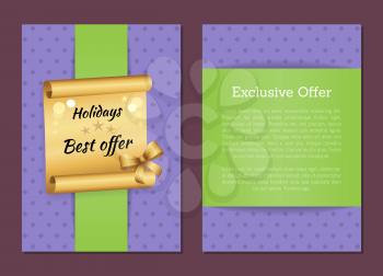 Holidays best exclusive offer inscription on golden paper scroll parchment manuscript scrolled document vector illustration isolated banner with text