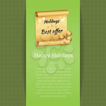 Happy holidays best offer inscription on golden paper scroll parchment manuscript scrolled document vector illustration isolated banner with text