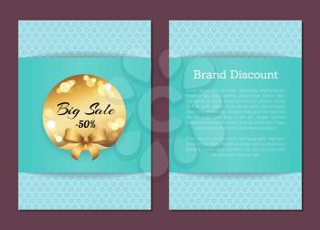 Brand discount sale cover front back page golden promo label - 50 off and place for text vector illustration poster isolated on blue background