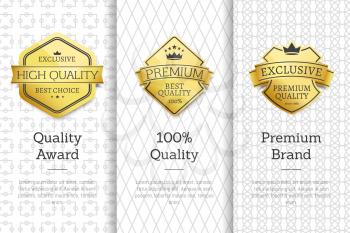 Exclusive high quality awards premium standard brand set of posters with golden labels, certificate stamps isolated on abstract backgrounds vector