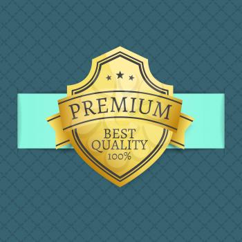 Premium best quality award 100 guarantee vector illustration golden label on green background with rhombus elements, gold stamp design