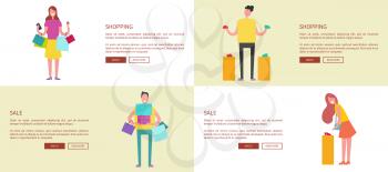 Designed pages of shopping people with bags and gifts, headline and buttons, text as sample vector illustration isolated on white and yellow