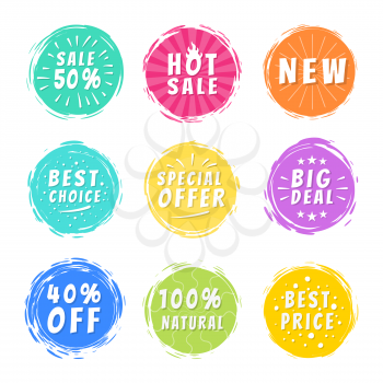 Sale 50 best hot choice special big deal 40 off, absolutly natural offer promo stickers round labels brush strokes vector illustration stamps with text