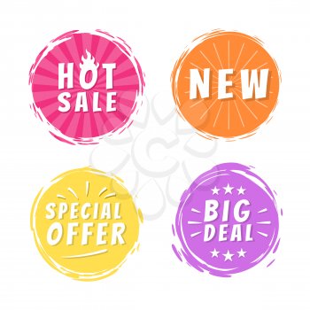 Hot sale new big deal special offer promo stickers round labels set with brush strokes vector illustration stamps with text isolated on white background