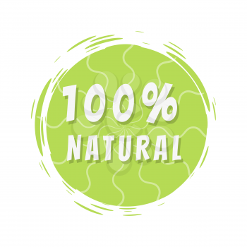 100 natural inscription on green painted spot with brush strokes vector illustration isolated on white background, organic product label design