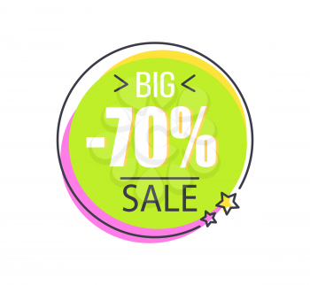 Big 70 sale round promo sticker in circle shape total price discount offer vector illustration in green purple colors isolated label on white with stars