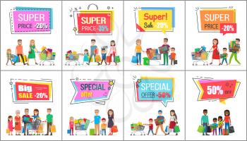 Big sale with super prise for wholesale purchases promotional posters set. Families out on shoppings with full bags and trolleys vector illustrations.