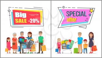 Big sale on wholesale purchases for big families promotional posters. Happy parents, old grandparents and children on shopping vector illustrations.