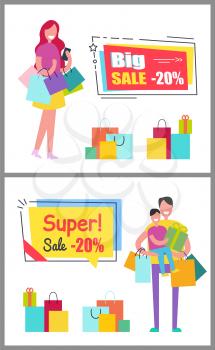 Big super sale vouchers with woman who carries lot of bags and man who holds child, packed purchases and box with ribbon vector illustrations.