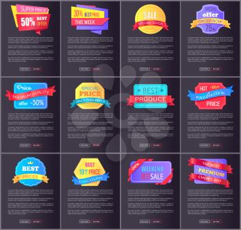 Hot exclusive sale, price premium quality offer total discounts collection of color posters with web buttons vector illustration promo labels on black