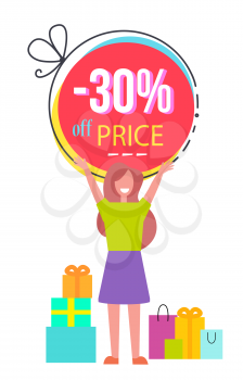 30 price off promotional poster with happy woman who raises her hands up surrounded with present boxes and shopping bags vector illustration.