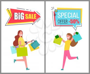 Big sale and special offer for womens goods commercial banners. Female characters happy with their purchases carry shopping bags vector illustration.