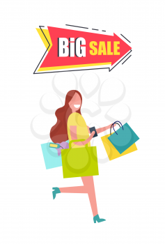 Big sale arrow pointer with woman carrying shopping bags full of goods vector illustration in big discounts concept isolated on white background