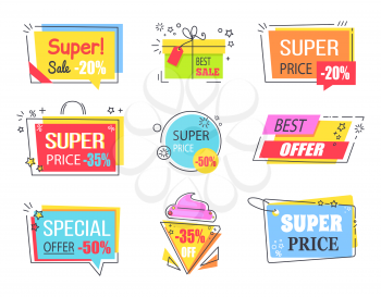 Best offer with huge discount promotional emblems. Logotypes in form of tasty ice cream, gift box, shopping bag and visit card vector illustrations.