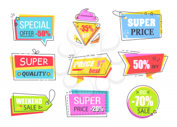 Special offer labels with half price reduction. Bright colorful emblems with attractive signs about great discount vector illustrations set.