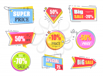 Big super sale promotional stickers with stars set. Emblems in shape of round bomb, tags with threads, and rectangular cards vector illustrations.