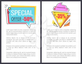 Special offer with 35 off promotional posters with huge attractive sign on icecream shape and rectangular background vector illustrations set.