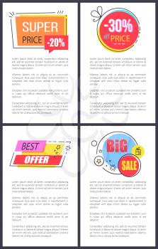 Super price -20 and best offer, set of posters with bright stickers with headlines and decorative elements and text below on vector illustration