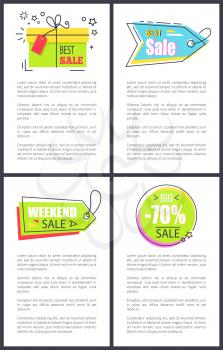 Best weekend sale, posters set made up of promo stickers with titles, stars and arrows, given information on vector illustration isolated on white