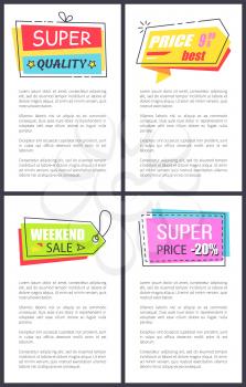 Super quality and best sale, stickers with headlines decorated with lines, stars and bow, badges and text on vector illustration isolated on white