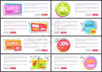 Super sale at Internet shop web pages templates with bright promo sale stickers, sample text and small buttons cartoon vector illustrations.