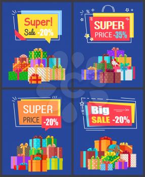 Super sale best prices discounts 20, -35 , premium offer labels of geometric shapes with percent signs and many gift boxes in color wrappings vector set