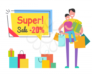 Super sale promo sticker in square shape frame speech bubble 20 discount and father holding son and shopping bags in hands vector illustration poster