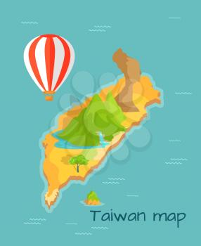 Taiwan map with Keelung and Dragon mountain with waterfall on the island. Airballon flying in sky. Vector illustration of chinese land in Pacific ocean with sightseeing in flat design cartoon style