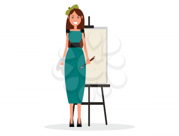 Painter in beret holds two brushes on white background. Vector illustration of female in dress with paints near easel with clean sheet