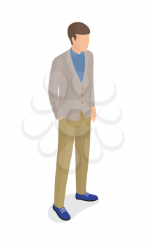 Man in gray jacket, green trousers, blue shoes holds hand in pocket vector isolated on white. Student or college boy cartoon character, stylish guy