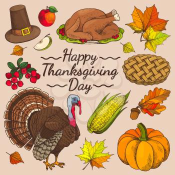 Happy Thanksgiving day promo poster with symbolic images of turkey and apple and corn, leaves and pie, hat and berries on vector illustration