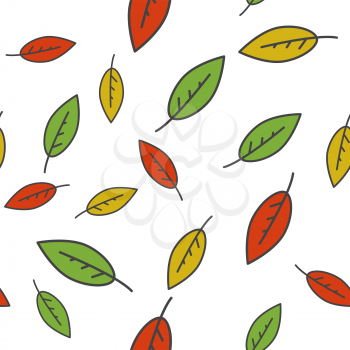 Colorful leaves seamless pattern. Different size green, red and orange falling leaves flat vector on white background. Autumn defoliation concept illustration for wrapping paper, print on fabric