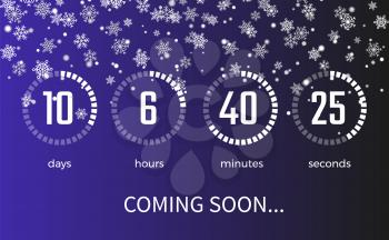 Coming soon timer that shows days and hours, minutes and seconds, icons of snowflakes as decoration placed above vector illustration isolated on blue