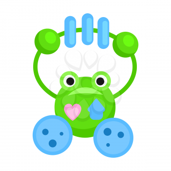 Rattle in form of funny green frog with small pink heart and house icons on body isolated vector illustration on white background.