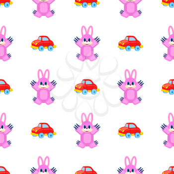Pink hares with raised paws and red cars seamless pattern on white. Vector colorful wrapping paper of plaything for children