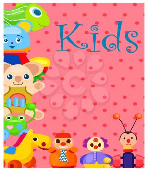 Kids plush and plastic toys on pink background with small red spots. Childish playthings for amusement and self development