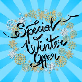 Special winter offer in decorative frame made of silver and golden snowflakes, snowballs of gold in x-mas border isolated on blue background with rays