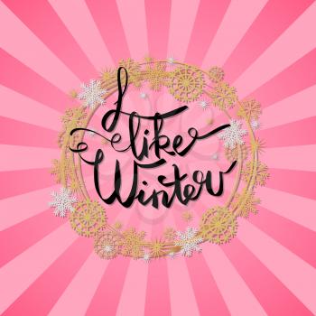 I like winter poster in decorative frame made of silver and golden snowflakes and round circles, snowballs of gold in x-mas border isolated on pink with rays vector