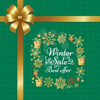 Winter sale best offer poster gift bow, decorative square frame made of golden snowflakes, presents boxes in xmas concept vector on ornamental green